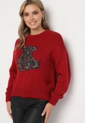 Bordowy Sweter z Wiskozy Ozdobiony Misiem i Cekinami Lilimi. Czerwone swetry klasyczne damskie Born2be, l, z jeansu, bez kołnierzyka. Za 129.99 zł.