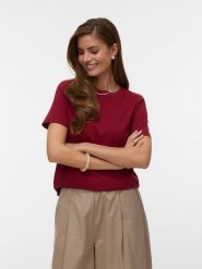 Vero Moda Koszulka w kolorze bordowym rozmiar: S. Czerwone bluzki damskie Vero Moda, s, bez wzorów, z bawełny, bez kołnierzyka, bez ramiączek. Za 57.60 zł.