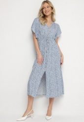 Niebieska Bawełniana Sukienka Rozkloszowana w Cętki z Ozdobnymi Guzikami Alulune. Niebieskie sukienki damskie Born2be, bez wzorów, z bawełny, eleganckie, bez ramiączek. Za 69.99 zł.