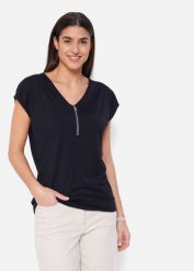 T-shirt z zamkiem, krótki rękaw. Czarne t-shirty damskie bonprix, bez wzorów, bez kołnierzyka. Za 64.99 zł.