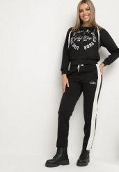 Czarny Komplet Dresowy Rozpinana Bluza z Kapturem Spodnie z Napisami Semirwen. Czarne bluzy damskie Born2be, l, bez wzorów, z dresówki, z kapturem. Za 139.99 zł.