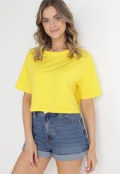 Żółty Krótki T-shirt Oversize Lilu. Żółte t-shirty damskie Born2be, l, bez wzorów, z bawełny, bez kołnierzyka. Za 29.99 zł.