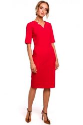 Sukienka elegancka ołówkowa dopasowana z podwyższoną talią czerwona. Czerwone sukienki damskie Sukienki.shop, bez wzorów, biznesowe, bez ramiączek. Za 209.00 zł.