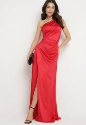 Czerwona Sukienka na Jedno Ramię z Marszczeniem i Rozcięciem Talirisa. Czerwone sukienki damskie Born2be, bez wzorów, eleganckie, bez ramiączek. Za 149.99 zł.