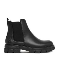 Botki Rieker. Czarne botki damskie Rieker, bez obcasa, na płaskiej podeszwie, bez zapięcia. Za 419.99 zł.