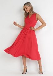 Czerwona Sukienka Midi Bez Rękawów z Plisowanym Dołem Dreana. Czerwone sukienki damskie Born2be, bez wzorów, eleganckie, bez ramiączek. Za 259.99 zł.