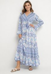 Niebieska Sukienka w Stylu Boho z Kopertowym Dekoltem z Bawełny i Wiskozy Soderia. Niebieskie sukienki damskie Born2be, bez wzorów, z bawełny, boho, bez ramiączek. W wyprzedaży za 118.99 zł.