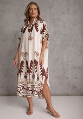 Brązowa Wiskozowa Sukienka o Kroju Oversize z Geometrycznym Printem Talon. Brązowe sukienki damskie Renee, bez wzorów, z wiskozy, eleganckie, bez ramiączek. Za 89.99 zł.