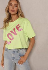 Zielony Krótki T-shirt Oversize z Bawełny z Ozdobnym Napisem Sanillva. Zielone t-shirty damskie Renee, m, bez wzorów, z bawełny, bez kołnierzyka. Za 39.99 zł.