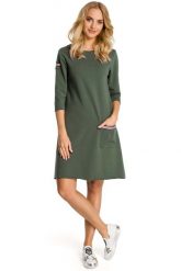 Khaki Sukienka Trapezowa Dzianinowa z Ozdobnymi Tasiemkami. Brązowe sukienki damskie MOE, bez wzorów, z bawełny, bez ramiączek. Za 223.90 zł.