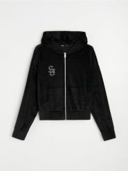 Welurowa bluza hoodie z biżuteryjną aplikacją - czarny. Czarne bluzy damskie Sinsay, l, z aplikacjami, z weluru, bez kaptura. Za 49.99 zł.