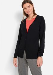 Sweter rozpinany basic z gładkiej dzianiny z plisą guzikową. Czarne kardigany damskie bonprix, bez wzorów, z bawełny. Za 99.99 zł.