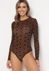 Brązowe Body z Welurowym Nadrukiem i Metaliczną Nitką Nasihi. Brązowe body i gorsety Born2be, bez wzorów, z weluru. Za 89.99 zł.