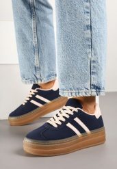 Granatowe Sneakersy na Grubej Podeszwie z Ozdobnym Wzorem Felimala. Niebieskie obuwie sportowe damskie Born2be, z jeansu, bez zapięcia. Za 84.99 zł.
