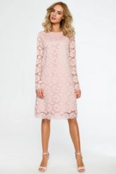 Sukienka koronkowa trapezowa midi w kwiaty pudrowy róż. Czerwone sukienki damskie MOE, bez wzorów, z elastanu, eleganckie, bez ramiączek. Za 339.00 zł.