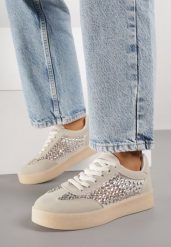 Beżowe Sneakersy na Grubej Podeszwie Ozdobione Cyrkoniami Orinrya. Brązowe obuwie sportowe damskie Born2be, z jeansu, bez zapięcia. Za 99.99 zł.