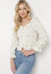 Beżowo-Zielona Bluzka w Stylu Boho z Elastycznymi Gumeczkami w Kwiatki Kanuata. Brązowe bluzki damskie Born2be, bez wzorów, boho, bez kołnierzyka, bez ramiączek. Za 59.99 zł.