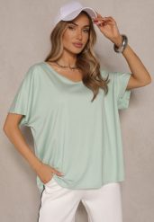 Jasnozielony T-shirt z Wiskozą w Stylu Nietoperza Liofala. Zielone t-shirty damskie Renee, bez wzorów, z jeansu, bez kołnierzyka. Za 49.99 zł.