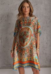 Pomarańczowe Satynowe Ponczo z Jedwabiem i Wiskozą w Stylu Boho Prixeis. Brązowe swetry klasyczne damskie Renee, uniwersalny, z jedwabiu, bez kołnierzyka. Za 59.99 zł.