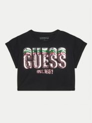 Guess T-Shirt J5RI10 K8HM4 Czarny Regular Fit. Czarne koszulki i t-shirty dziewczęce Guess, z aplikacjami, z bawełny, bez kołnierzyka, bez ramiączek. Za 69.99 zł.