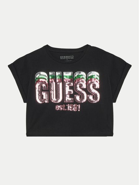 Guess T-Shirt J5RI10 K8HM4 Czarny Regular Fit. Czarne koszulki i t-shirty dziewczęce Guess, z aplikacjami, z bawełny, bez kołnierzyka, bez ramiączek. Za 59.99 zł.