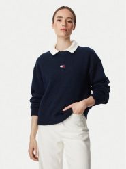 Tommy Jeans Sweter Fluffy Badge DW0DW23831 Granatowy Regular Fit. Niebieskie swetry klasyczne damskie Tommy Jeans, xs, z jeansu, bez kołnierzyka. Za 449.99 zł.