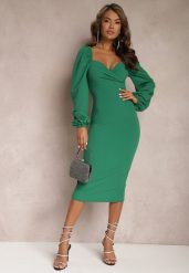 Zielona Kopertowa Sukienka Midi z Drapowaniem i Bufiastymi Rękawami Revie. Zielone sukienki damskie Renee, bez wzorów, eleganckie, bez ramiączek. W wyprzedaży za 111.99 zł.