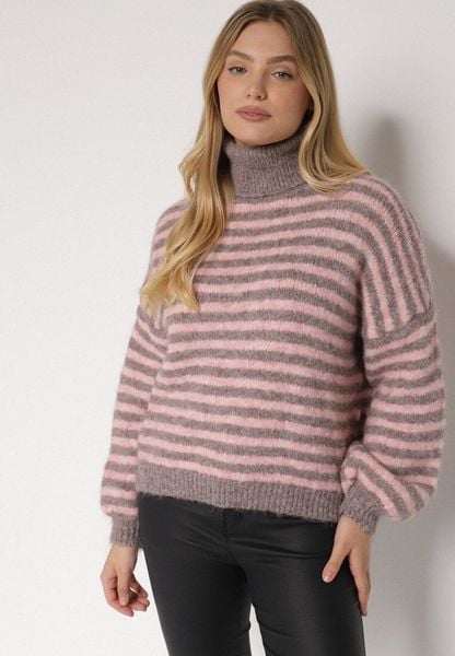 Szaro-Różowy Golf z Domieszką Wełny w Paski Monallia. Szare golfy damskie Born2be, m, bez wzorów, z jeansu, bez ramiączek. Za 159.99 zł.