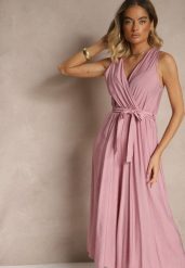 Fioletowy Kombinezon Taliowany z Wiskozą Ozdobiony Paskiem Evintria. Fioletowe sukienki damskie Renee, bez wzorów, z wiskozy, eleganckie, bez ramiączek. W wyprzedaży za 63.99 zł.