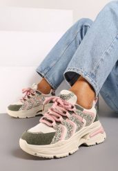 Beżowo-Zielone Sznurowane Sneakersy na Platformie Ozdobione Brokatem Ewla. Brązowe obuwie sportowe damskie Renee, z materiału, bez zapięcia. Za 109.99 zł.