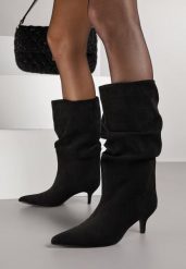 Czarne Marszczone Botki na Obcasie Typu Kaczuszka Nalonia. Czarne botki damskie Born2be, z jeansu, eleganckie, bez obcasa, na obcasie, bez zapięcia. Za 159.99 zł.