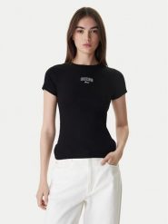 Guess Jeans T-Shirt W6RP21 KA0H1 Czarny Slim Fit. Czarne t-shirty damskie Guess Jeans, m, z aplikacjami, z bawełny, bez kołnierzyka. Za 159.99 zł.