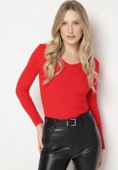 Czerwony Dopasowany Sweter z Prążkowanej Dzianiny z Bawełną z Dekoltem w Serek Tesma. Czerwone swetry klasyczne damskie Born2be, uniwersalny, z bawełny, bez kołnierzyka. Za 49.99 zł.