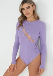 Fioletowe Prążkowane Body z Gorsetowym Wiązaniem Dyllia. Fioletowe body i gorsety Born2be, bez wzorów, z dzianiny. Za 84.99 zł.