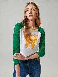 Koszulka z nadrukiem - zielony. Zielone koszulki damskie Sinsay, l, bez wzorów, z bawełny, bez kołnierzyka, bez ramiączek. Za 39.99 zł.