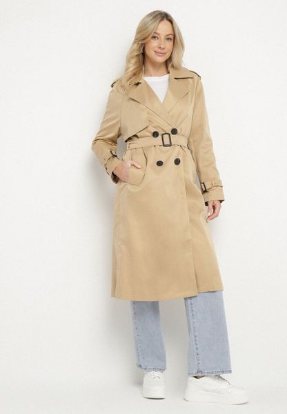 Ciemnobeżowy Długi Płaszcz Trencz o Klasycznym Fasonie z Paskiem Nasde. Brązowe płaszcze damskie Born2be, l, bez wzorów, z jeansu, bez kaptura. Za 129.99 zł.
