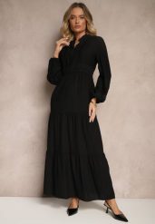 Czarna Rozkloszowana Sukienka z Wiskozy w Stylu Boho z Koronką i Gumką Gonalien. Czarne sukienki damskie Renee, bez wzorów, z koronki, boho, bez ramiączek. W wyprzedaży za 111.99 zł.