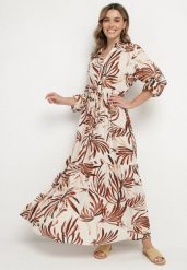 Beżowa Koszulowa Sukienka z Lnu i Wiskozy o Rozkloszowanym Kroju w Roślinny Wzór Redena. Brązowe sukienki damskie Born2be, bez wzorów, z wiskozy, eleganckie, bez ramiączek. W wyprzedaży za 103.99 zł.