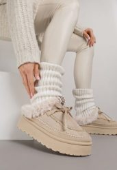 Beżowe Rustykalne Śniegowce z Niską Cholewką Zdobione Futrem i Kokardą Tuspena. Brązowe śniegowce damskie Renee, z dzianiny, przed kostkę. Za 99.99 zł.