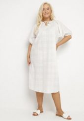 Biała Bawełniana Sukienka Oversize z Wiązaniem pod Szyją Tolanea. Białe sukienki damskie Born2be, bez wzorów, z bawełny, bez ramiączek. Za 89.99 zł.