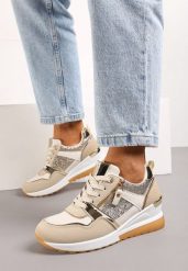 Beżowo-Złote Sneakersy na Koturnie z Suwakiem i Ozdobnymi Naszywkami Jelenia. Brązowe obuwie sportowe damskie Born2be, z jeansu, bez zapięcia. Za 59.99 zł.