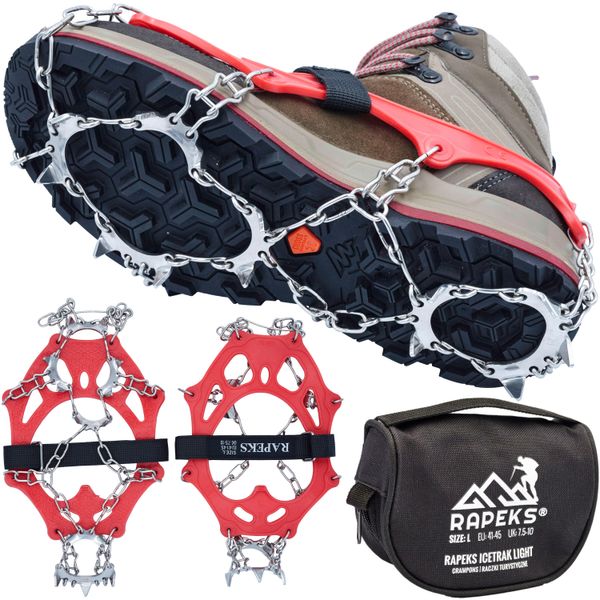 Raczki turystyczne na buty Rapeks Icetrak Light. Czerwone obuwie trekkingowe damskie RAPEKS, bez zapięcia. W wyprzedaży za 82.90 zł.