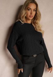Czarny Sweter z Bawełną Wiskozą i Ozdobnym Splotem Viacelia. Czarne swetry klasyczne damskie Renee, l, z bawełny, bez kołnierzyka. Za 84.99 zł.