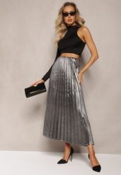 Srebrna Rozkloszowana Spódnica Maxi Zdobiona Plisowaniem i Metaliczną Nicią Dervila. Szare spódnice damskie Renee, s, z aplikacjami, eleganckie, maxi. Za 59.99 zł.