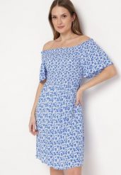 Niebieska Wiskozowa Sukienka Mini z Hiszpańskim Dekoltem w Kwiatowy Print Ijorilda. Niebieskie sukienki damskie Born2be, bez wzorów, z wiskozy, bez ramiączek. Za 79.99 zł.