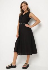 Czarna Koszulowa Sukienka z Wiskozy z Bawełną Ozdobiona Paskiem Rivebia. Czarne sukienki damskie Born2be, bez wzorów, z bawełny, eleganckie, bez ramiączek. Za 229.99 zł.