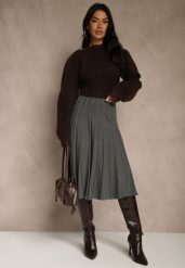 Ciemnoszara Dzianinowa Spódnica Plisowana o Rozkloszowanym Kroju Tuswia. Szare spódnice damskie Renee, na co dzień, l, z aplikacjami, z dzianiny, klasyczne, midi. Za 69.99 zł.