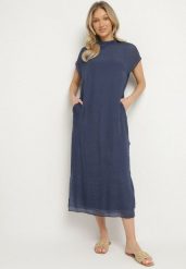 Niebieska Sukienka Pudełkowa Ozdobiona Wiązaniem Napelira. Niebieskie sukienki damskie Born2be, bez wzorów, z jeansu, eleganckie, bez ramiączek. Za 109.99 zł.