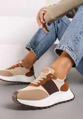 Brązowe Sneakersy na Grubej Podeszwie z Metalicznymi Wstawkami Benara. Brązowe obuwie sportowe damskie Born2be, z materiału, bez zapięcia. Za 99.99 zł.