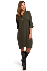 Khaki Elegancka Sukienka Żakietowa z Pagonami. Brązowe sukienki damskie MOE, bez wzorów, z elastanu, eleganckie, bez ramiączek. Za 293.90 zł.